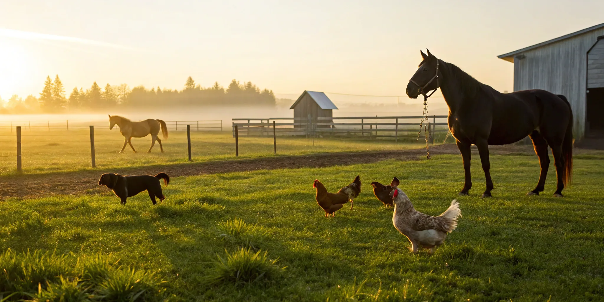 Healthy farm animals grazing in a sunny pasture.