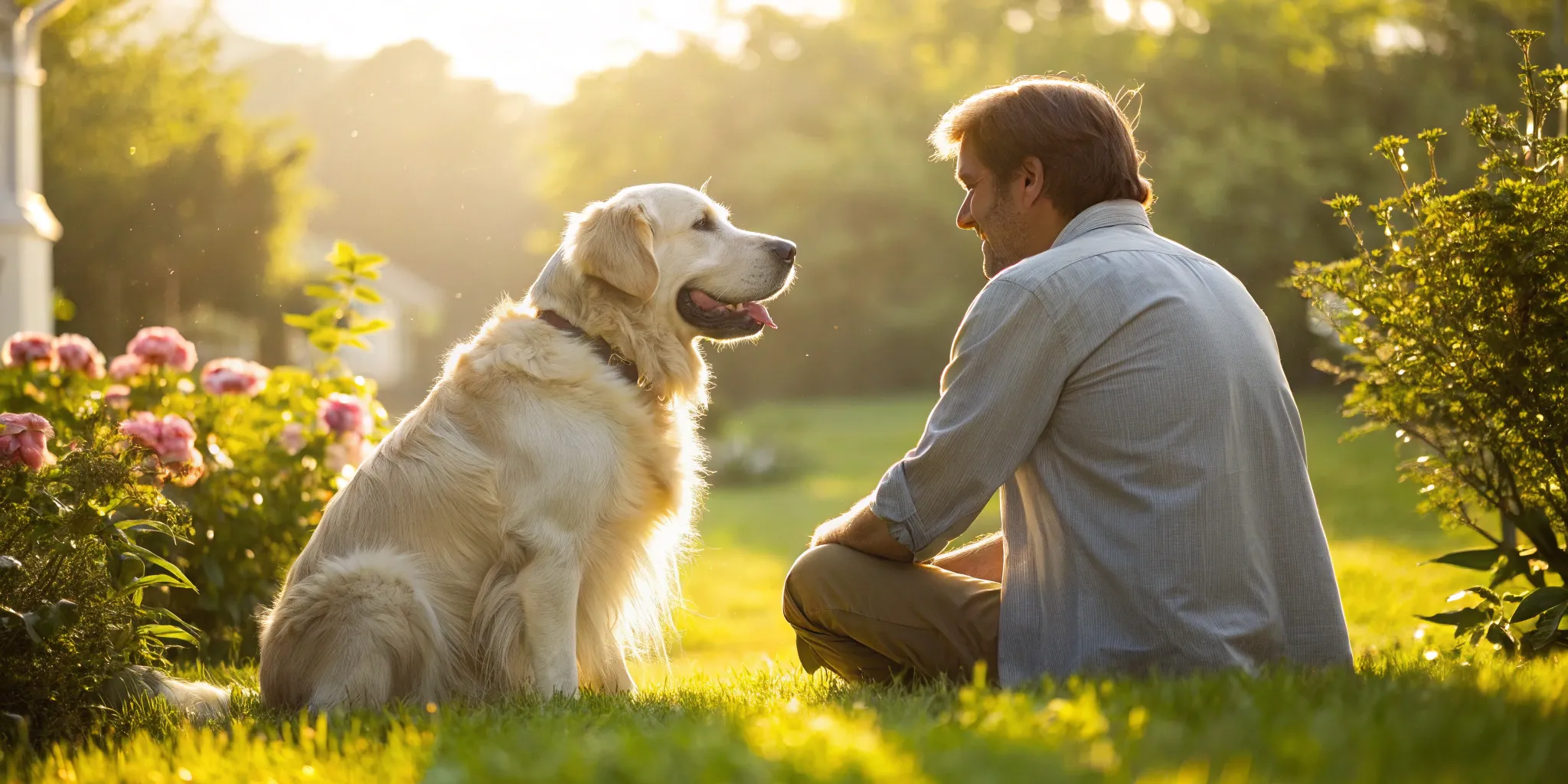 Healthy golden retriever with owner.