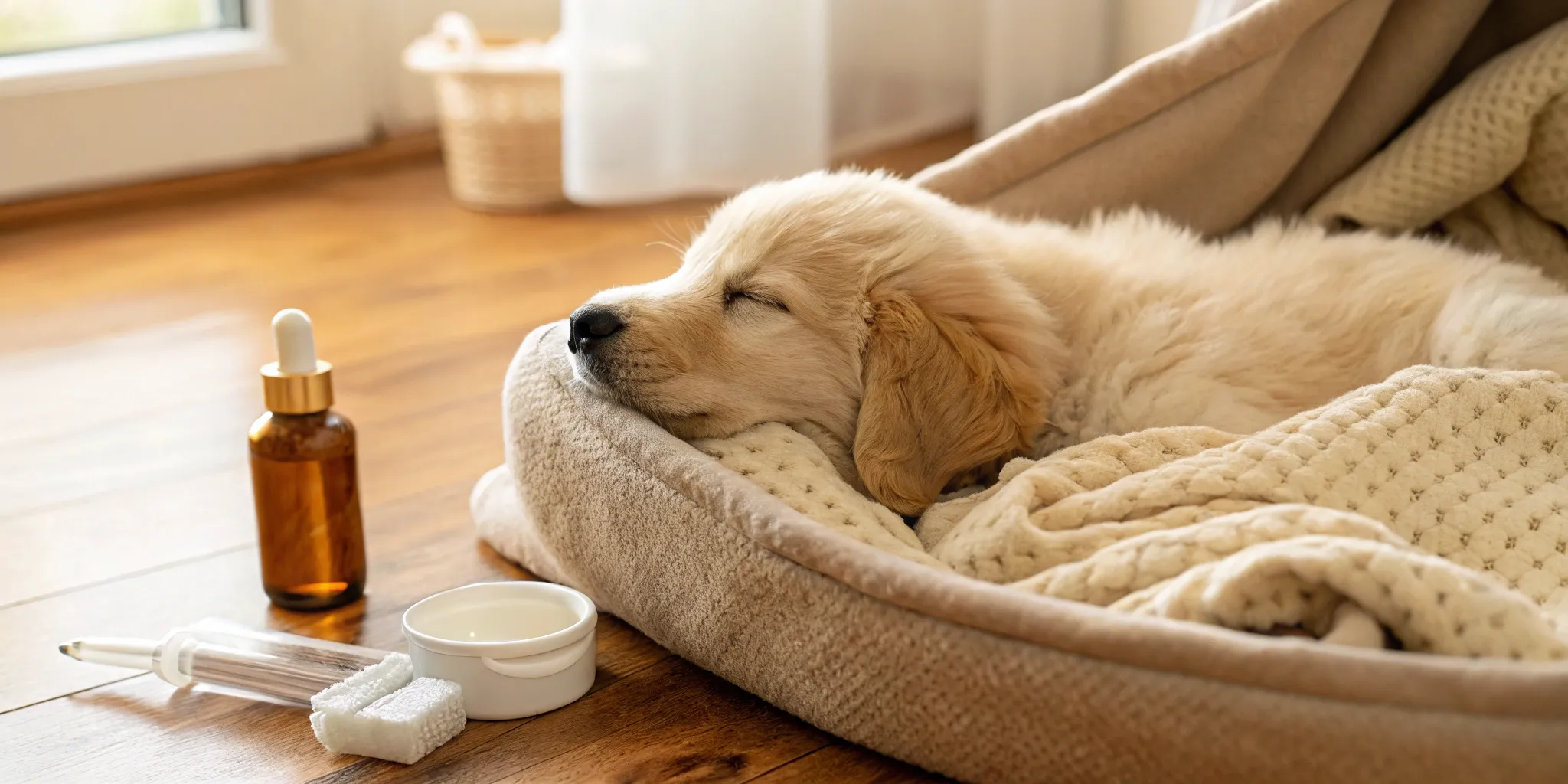 Golden retriever puppy being dewormed.